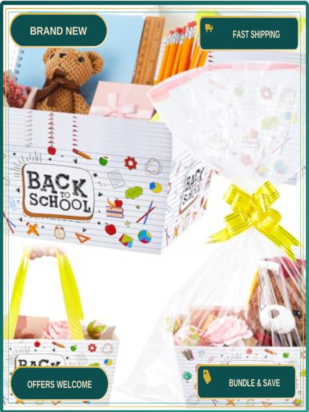 12 Pack Cardboard Gift Baskets with Bows, Bags & Twist Ties for Back to School